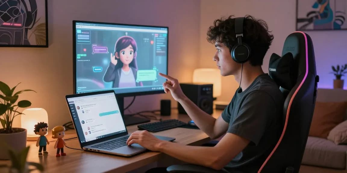 Engaging NSFW AI chat interaction with animated character in a cozy virtual setup.
