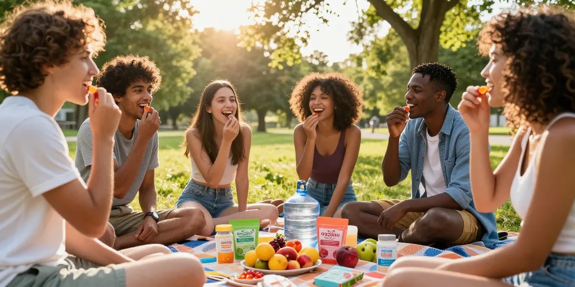 Buy CBD gummies Canada with friends enjoying colorful gummies at a sunny picnic.