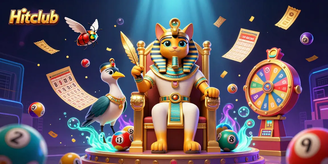 Jump into Hitclub's vibrant gaming experience with a 3D pharaoh cat and lively lottery elements.