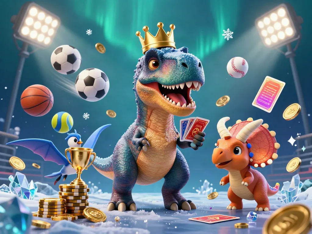 uk88 T-Rex card dealer and friends in a vibrant, immersive casino scene filled with sports elements.
