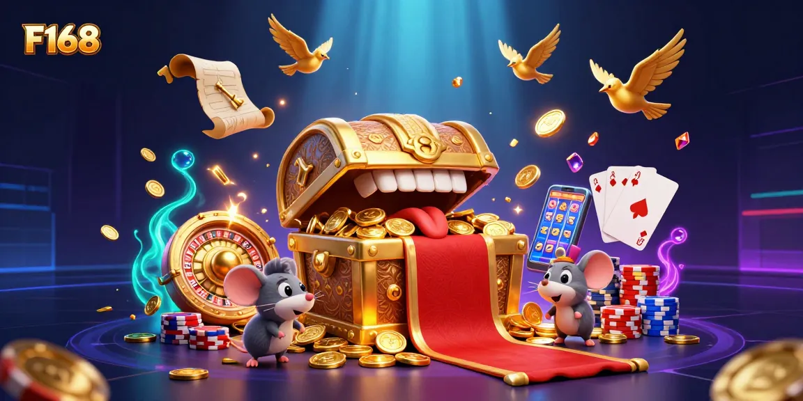 Join the excitement at F168's vibrant casino scene, featuring treasure chests, golden coins, and thrilling slots.