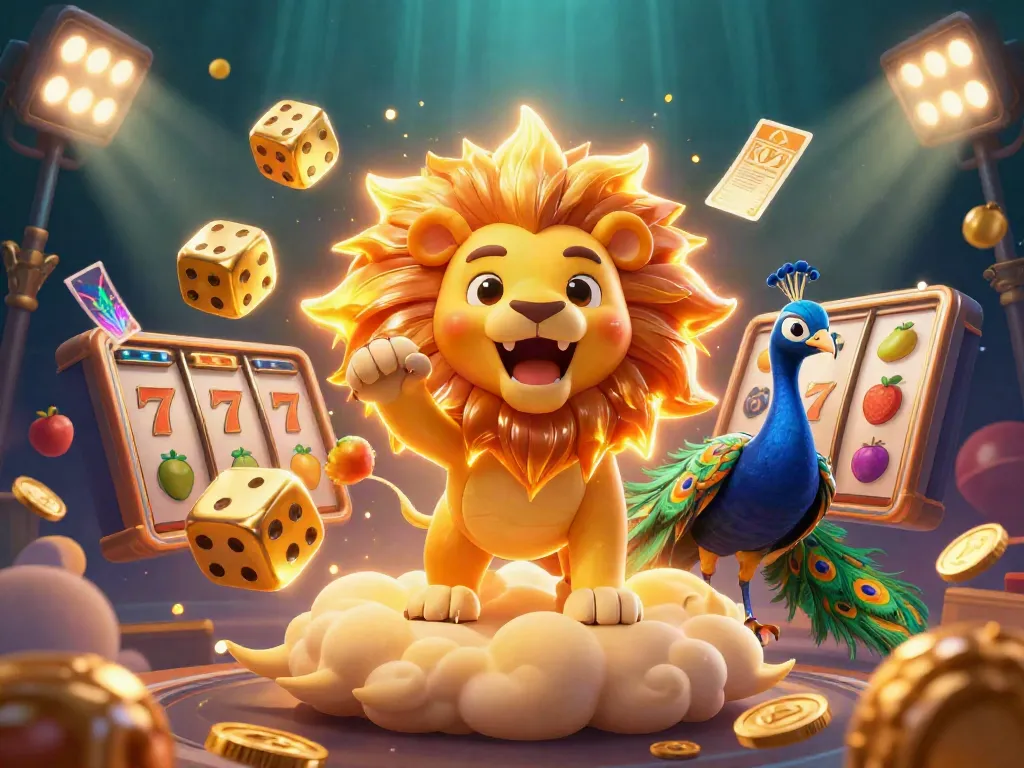 Zowin slots illustration featuring a lion and dice in a dynamic casino scene.