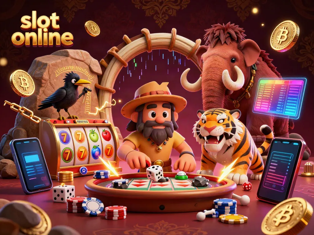 Engage with slot online fun alongside a caveman, sabertooth tiger, and crow in a vibrant casino scene.