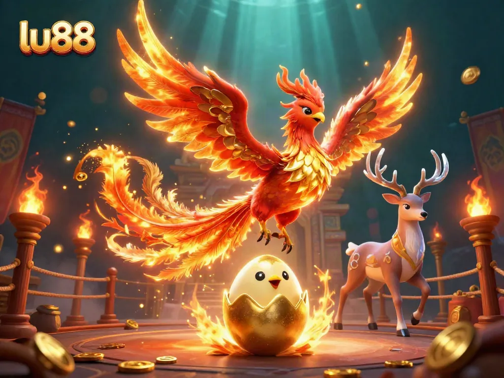 Engage with LU88, a vibrant casino world featuring a fire phoenix, a hatching chick, and a mystical stag.