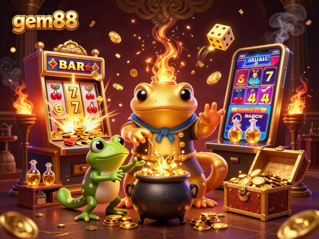 Experience the magic of gem88 as golden coins burst from a slot machine amidst vibrant casino elements.