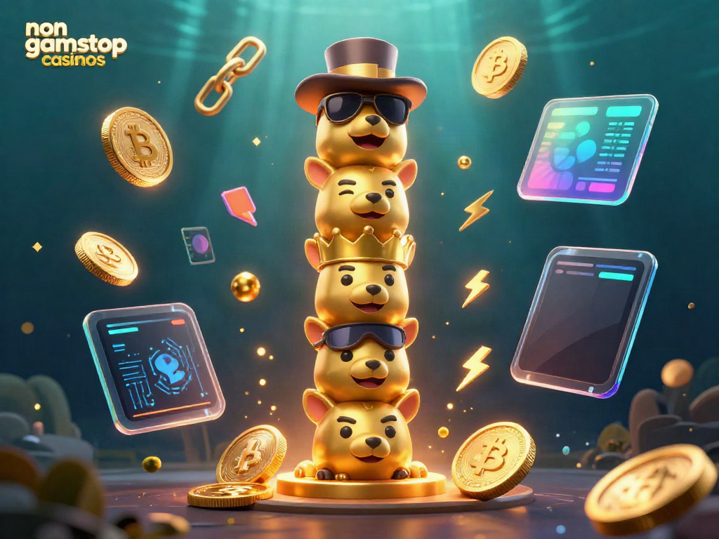 Engage with exciting non gamstop casinos featuring vibrant 3D totem pole and glowing crypto coins.
