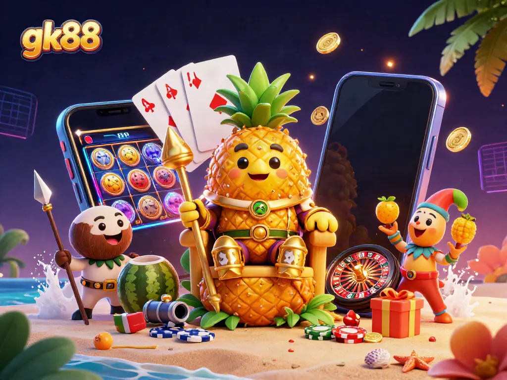 Engage with the vibrant gk88 casino experience featuring a golden pineapple king and lively characters.