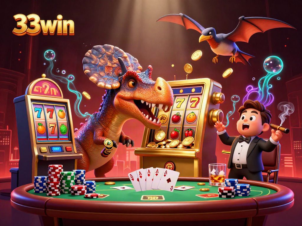 33win slot machine jackpot scene with a cartoon dinosaur and coins flying around
