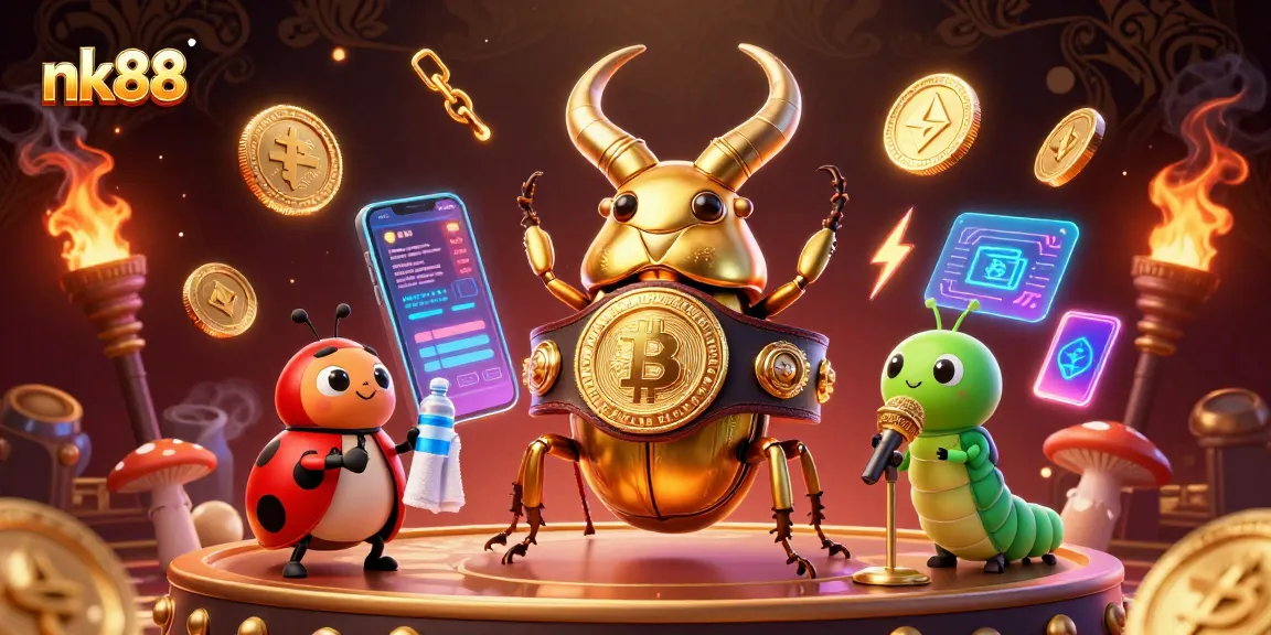 Experience the excitement of nk88 with a golden stag beetle boxing in a vibrant casino scene.