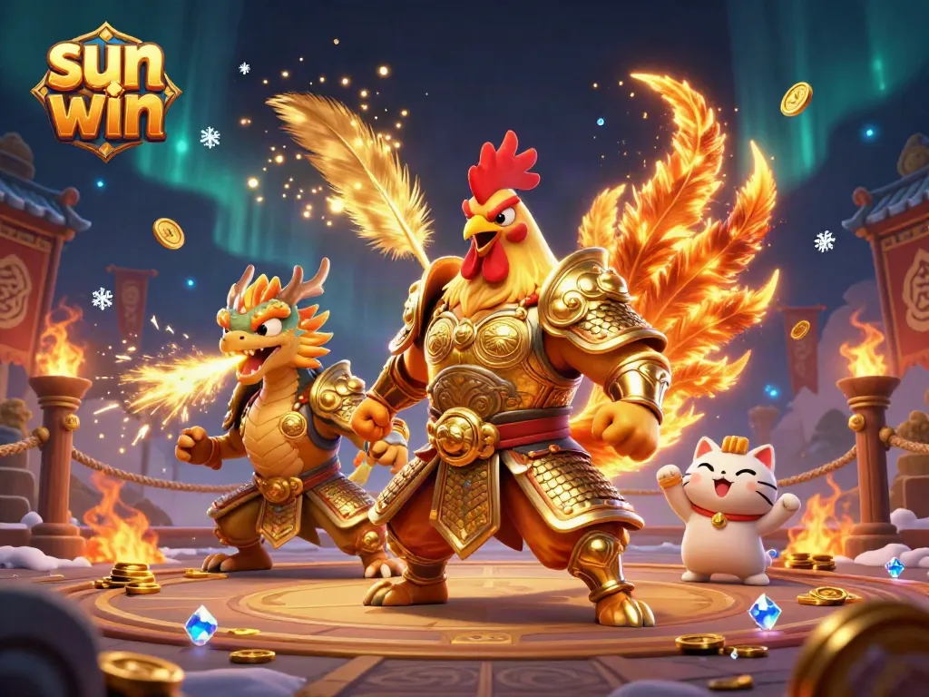 Experience thrilling gameplay with Sun Win, featuring a battling rooster and dragon in an elaborate casino setting.