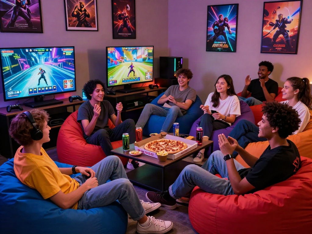 Friends enjoying an adult game night in a vibrant gaming lounge with LED lights and snacks.