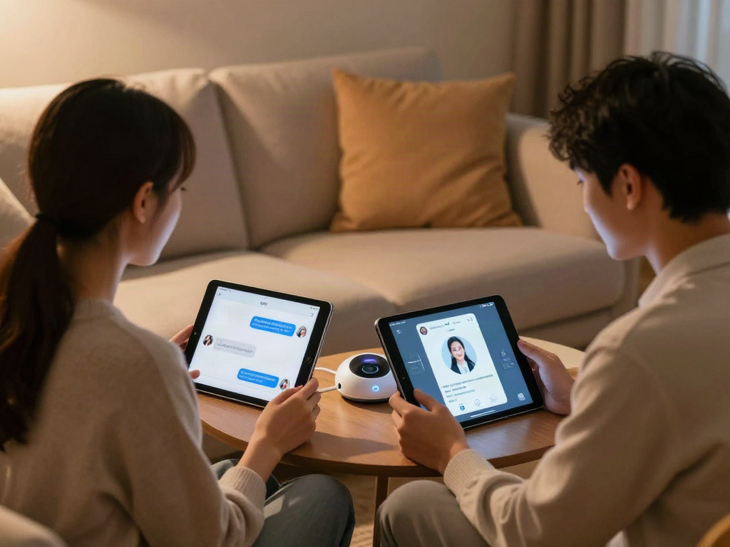 Couple exploring AI sex tools in a cozy, intimate living room.