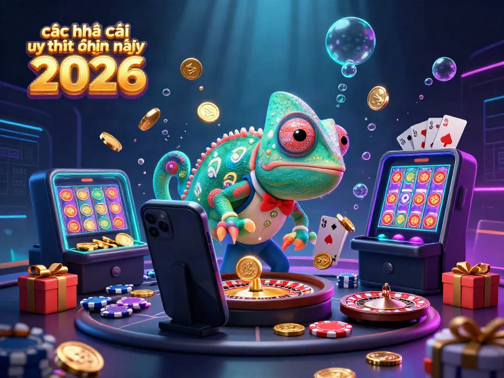 Experience the vibrant casino atmosphere with các nhà cái uy tín hiện nay 2026 featuring a colorful chameleon and slot games.