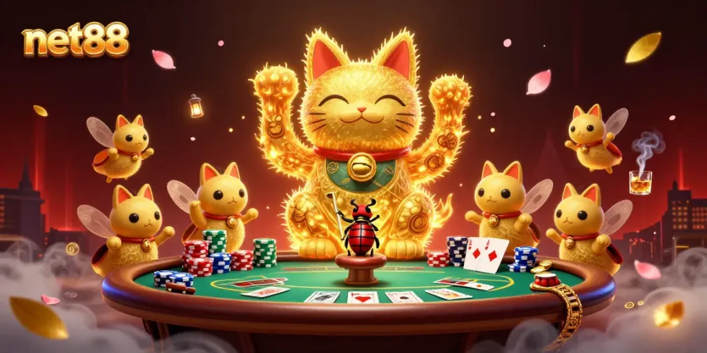 Experience net88's vibrant casino world as a lucky cat amidst poker elements and festive decor.