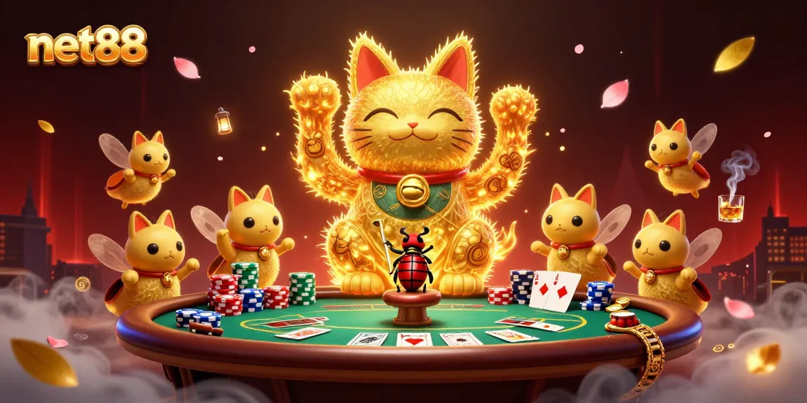 Experience net88's vibrant casino world as a lucky cat amidst poker elements and festive decor.