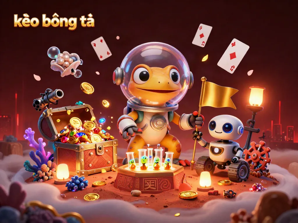 Engage in kèo bóng đá with a Martian gecko on a golden casino adventure amidst vibrant treasures.