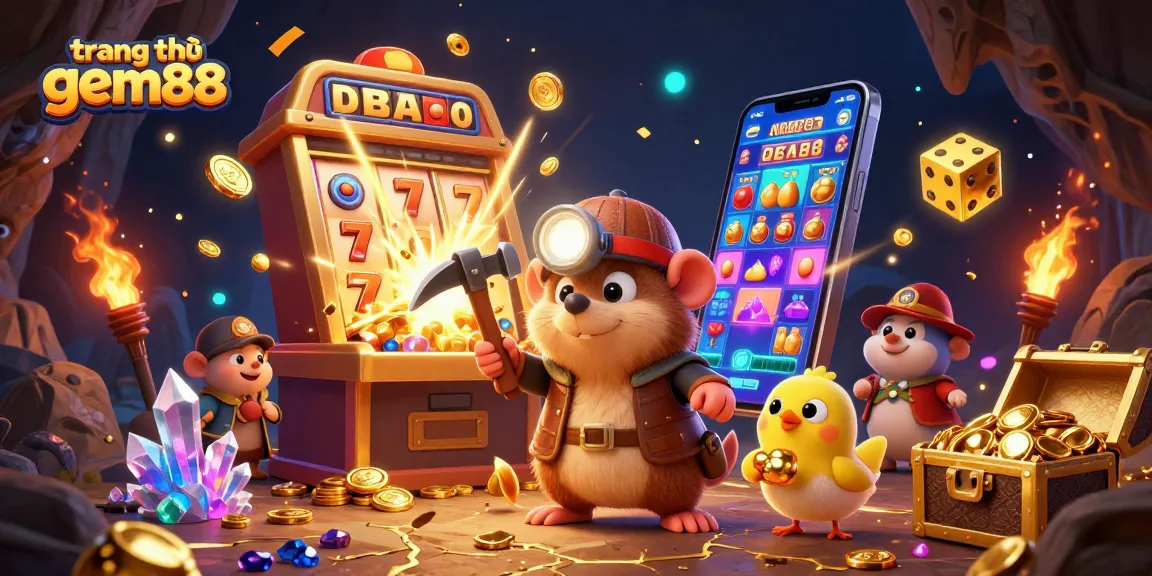 Experience the excitement of trang chủ gem88 with a vibrant treasure hunting scene filled with dazzling casino game elements.