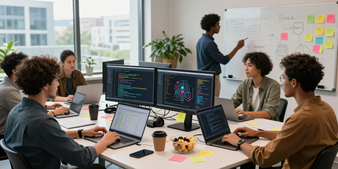 Collaborative workspace featuring developers using AI tools 2026 in a dynamic team setting.