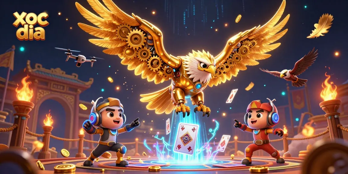 Xoc dia game illustration featuring a golden eagle amidst vibrant casino elements.