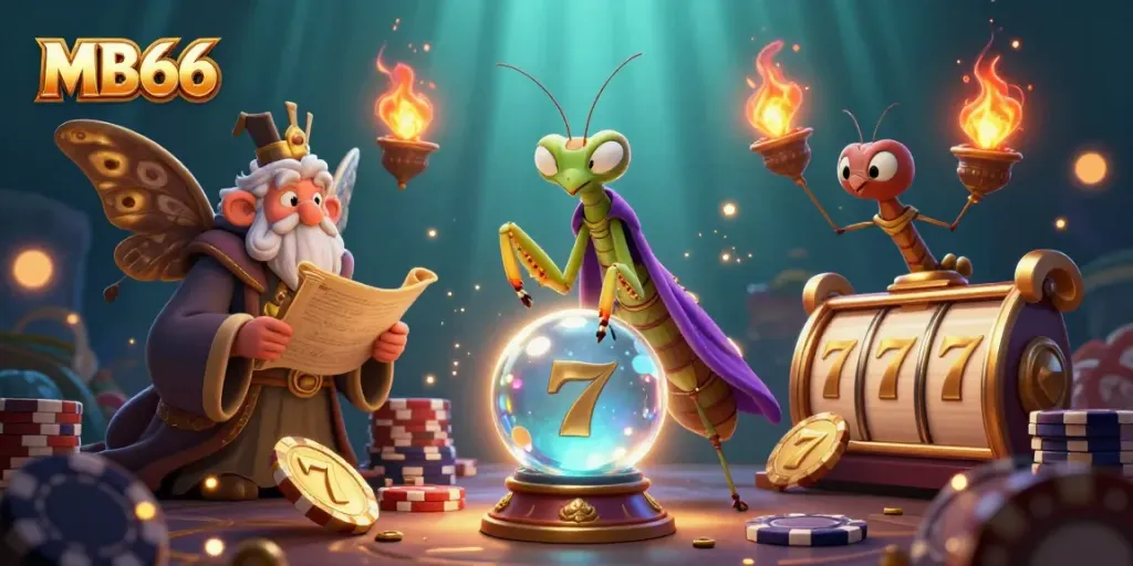 Engage with MB66's thrilling slot experience in a lively 3D scene featuring whimsical characters.
