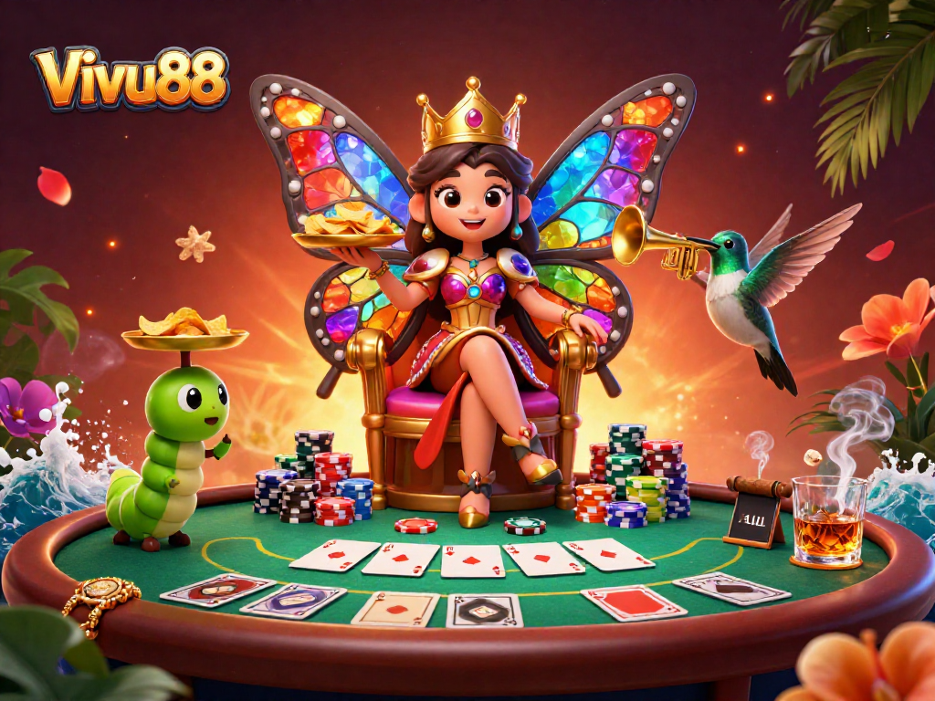 Experience Vivu88 with a vibrant casino scene featuring a butterfly queen and poker games.