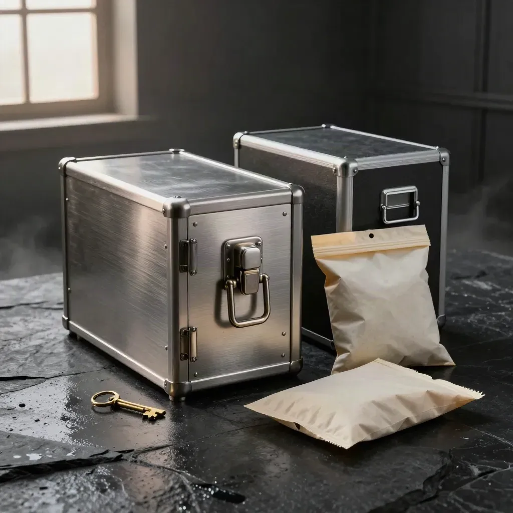Brushed-steel archive vault box with file cases, sealed pouch and brass keys on wet stone.