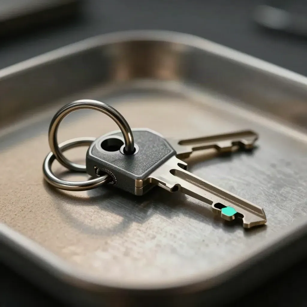 Open key ring, lock core and curling audit strip on brushed metal under dramatic studio light.