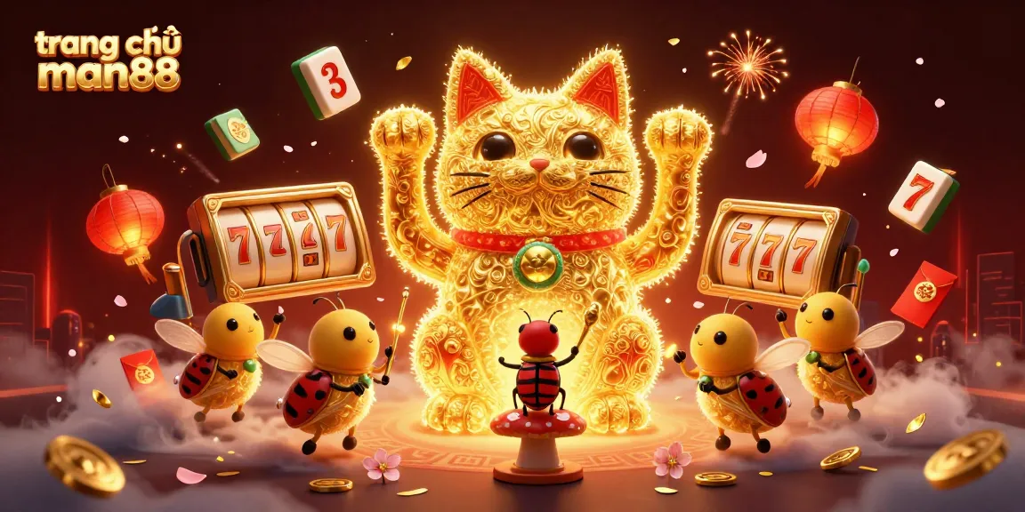 Experience the excitement at trang chủ man88 with a vibrant 3D scene featuring a lucky cat and floating casino symbols.