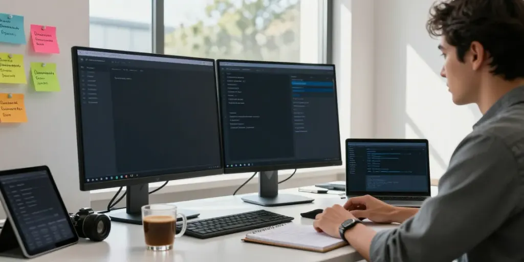 Buy domain name displayed on developer's monitor in a modern workspace.