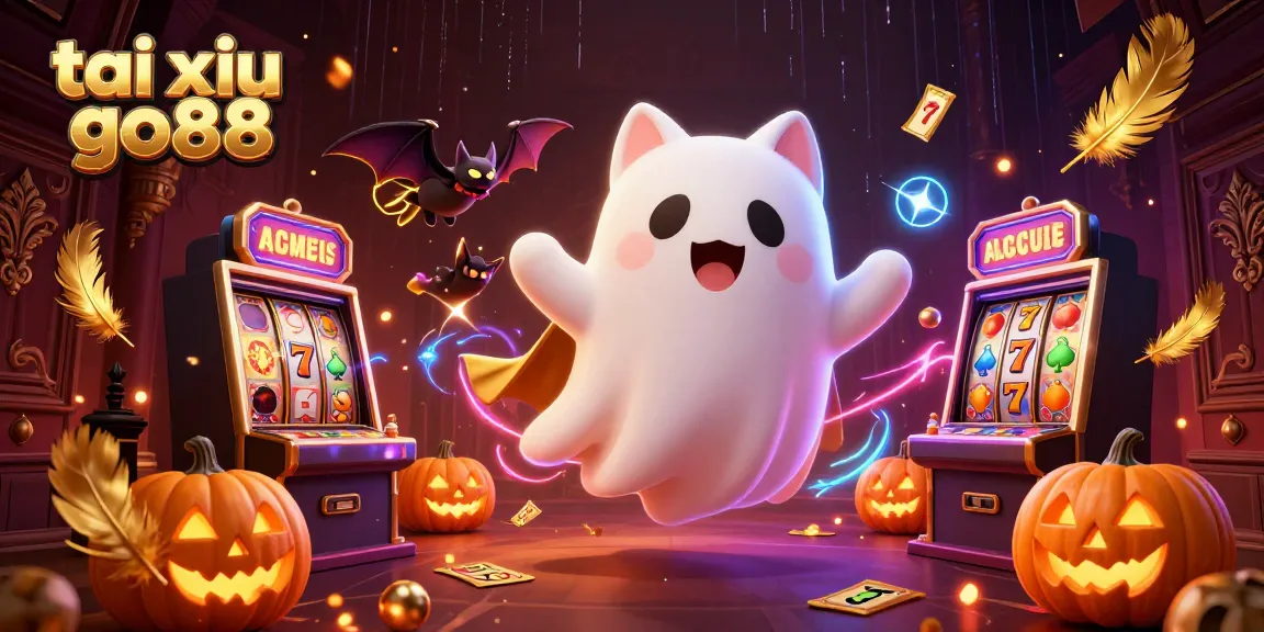 Engage with tai xiu go88 as a cartoon ghost cat navigates a lively haunted casino scene.