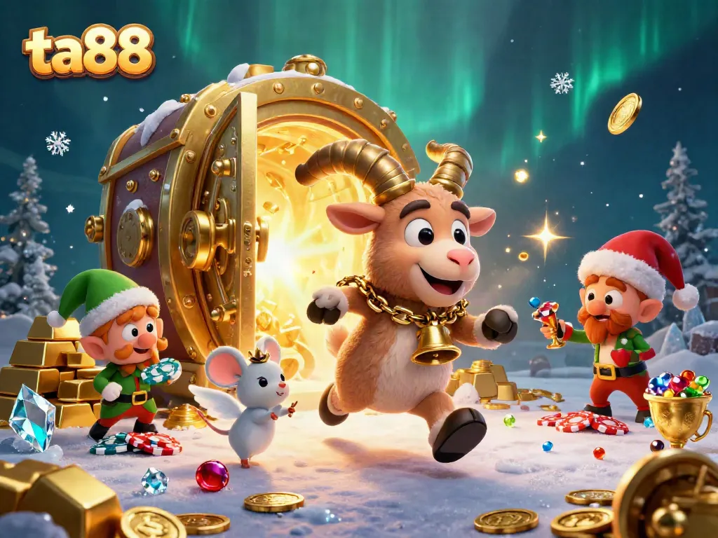 Experience thrilling ta88 gameplay with a festive casino scene featuring Krampus and a tiny angel mouse.