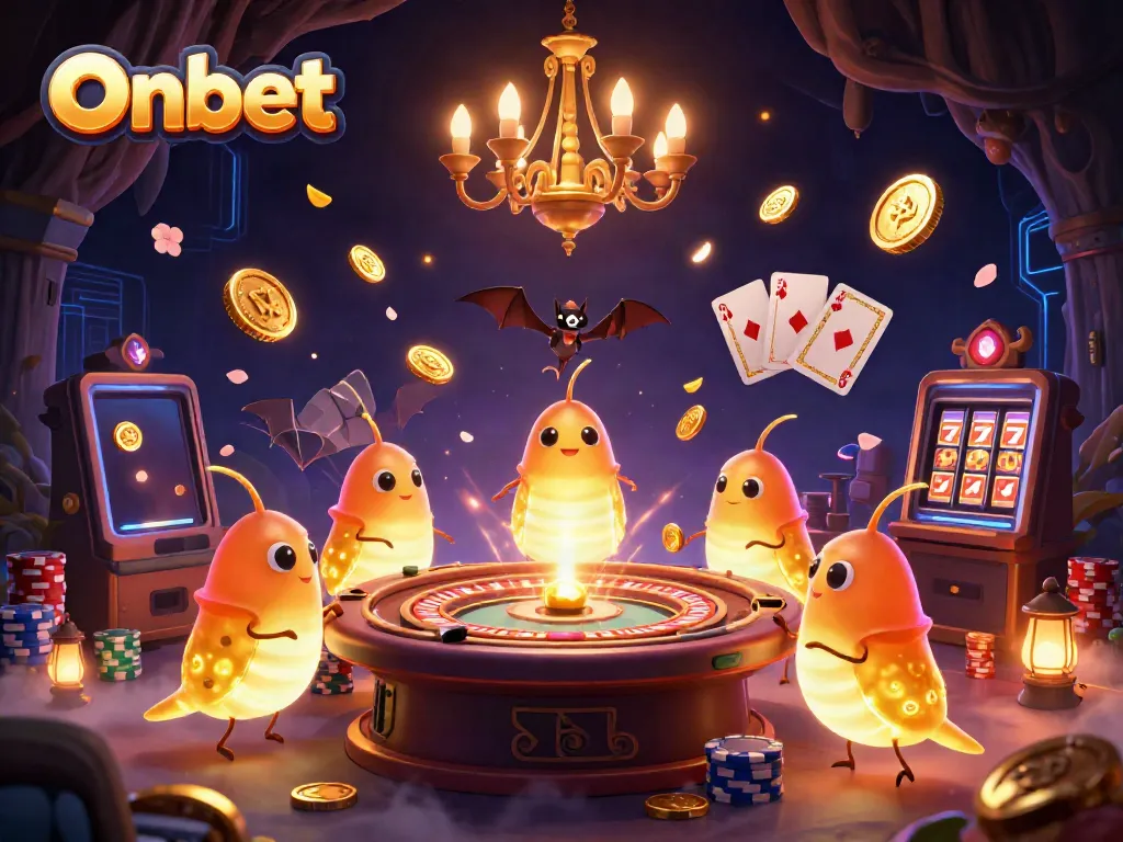 Onbet casino scene with glowworms lighting a cave, featuring animated slot reels and a bat dealer.