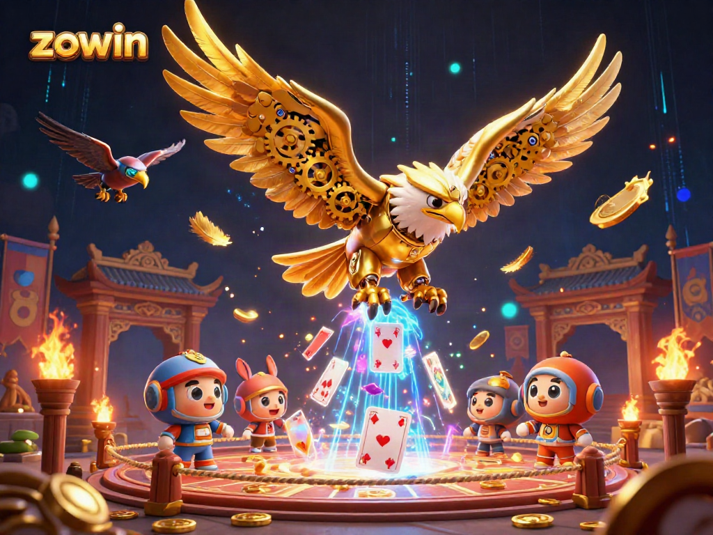 Zowin's immersive casino experience featuring a dynamic scene with a cybernetic eagle amidst colorful holographic action.