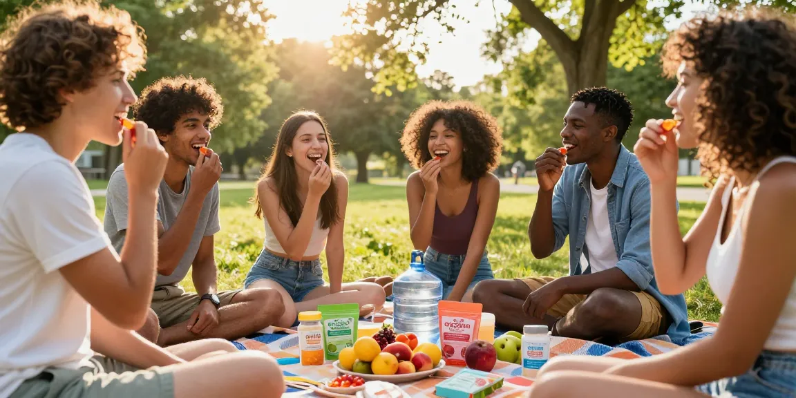 Buy CBD gummies Canada with friends enjoying colorful gummies at a sunny picnic.