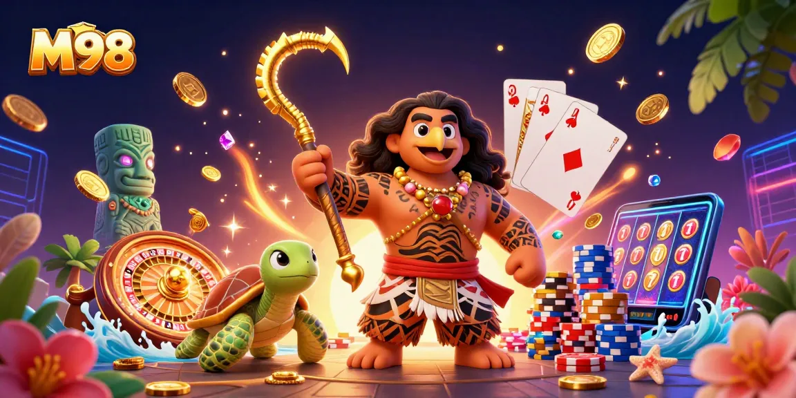 M98 players enjoy immersive casino fun with a demigod and turtle amidst vibrant gaming symbols.
