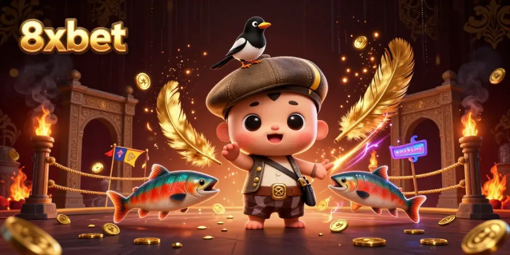 Experience the exciting world of 8xbet with cute characters and gold-filled gaming elements.