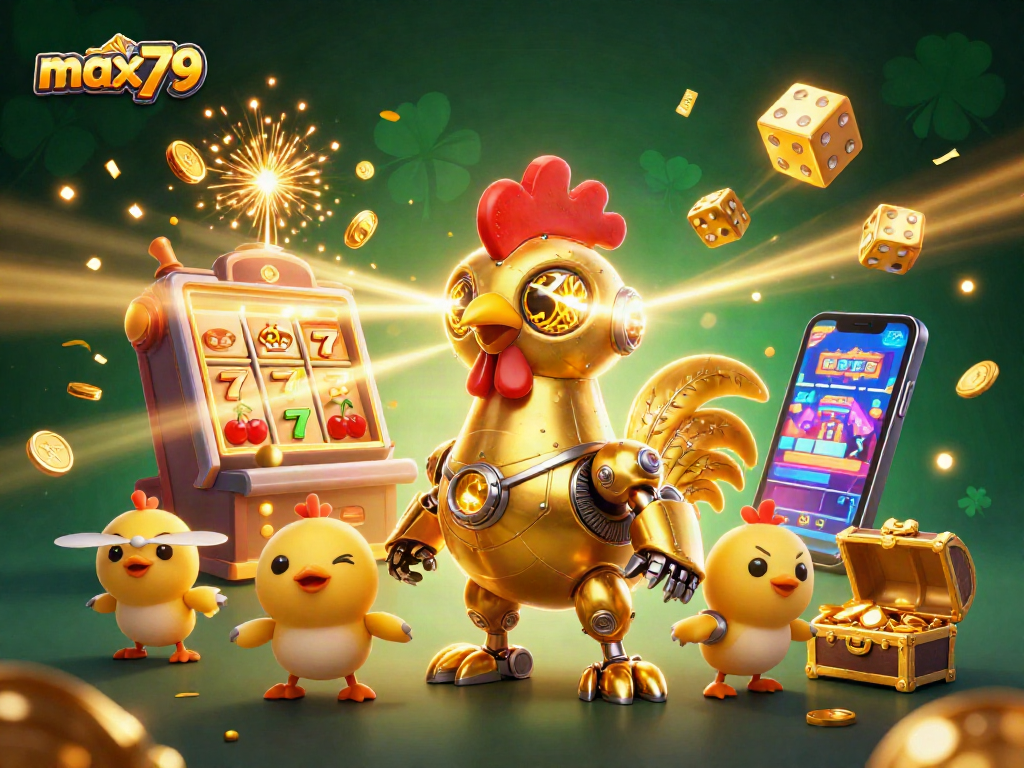 Experience the thrill of max79 with a dynamic 3D casino scene featuring retro-futuristic characters and slot elements.