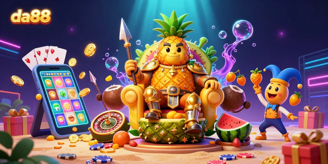 da88 showcases a vibrant 3D illustration of a cartoon pineapple king on a beach casino with golden coins and playful game elements.