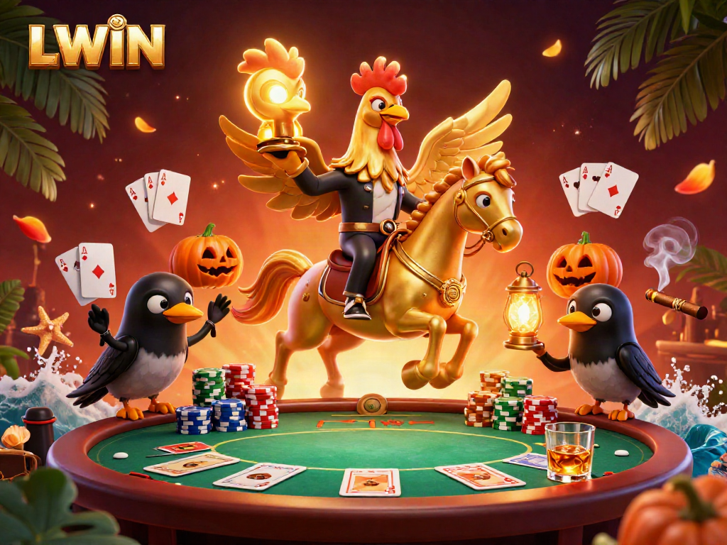 LLWIN's golden rooster on a spectral horse in a vibrant casino atmosphere, showcasing poker elements.