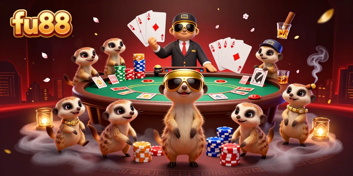 fu88 meerkats running a casino with poker tables and vibrant game elements in a dynamic setting