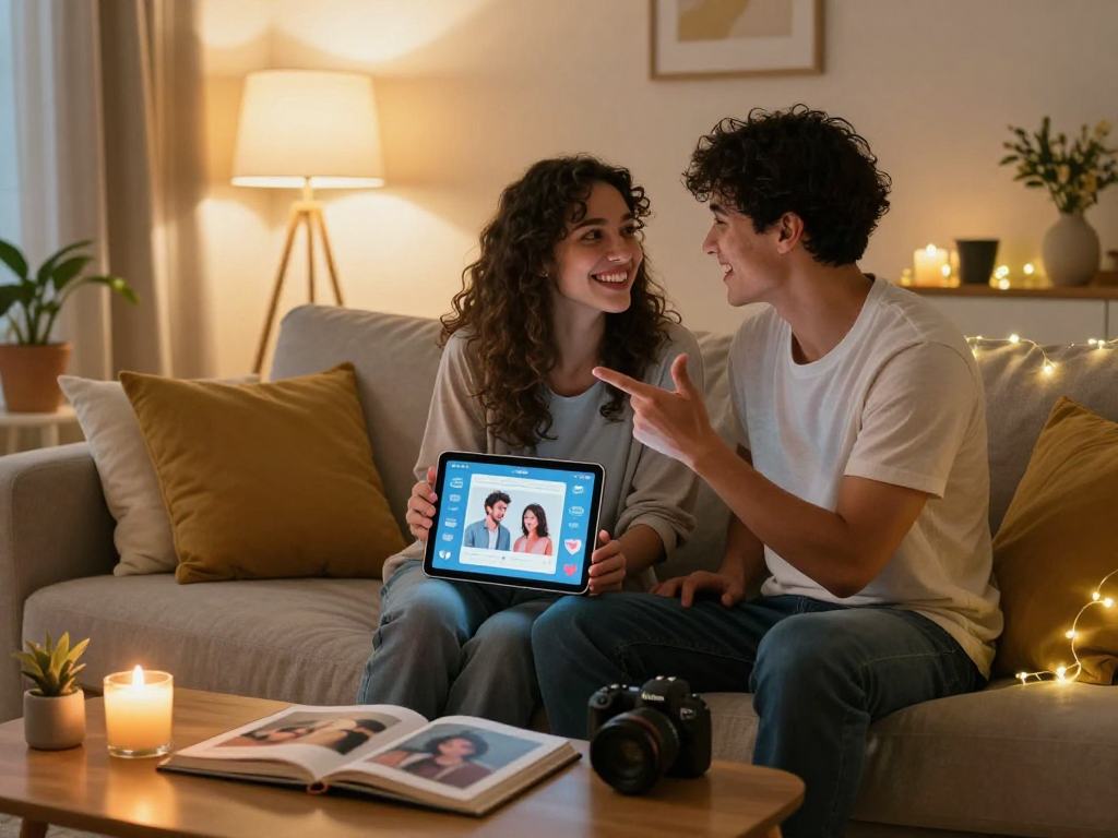 Couple engaging with AI sex app in cozy living room, showcasing modern romance.