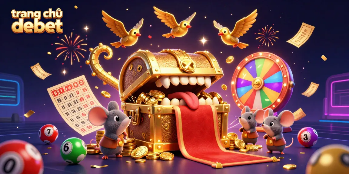 Experience the excitement of trang chủ debet with a vibrant 3D illustration filled with lottery elements.