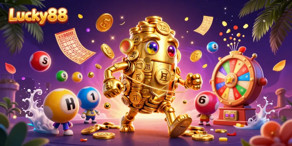 Engage with Lucky88's vibrant casino scene featuring a golden golem and dynamic lottery elements.