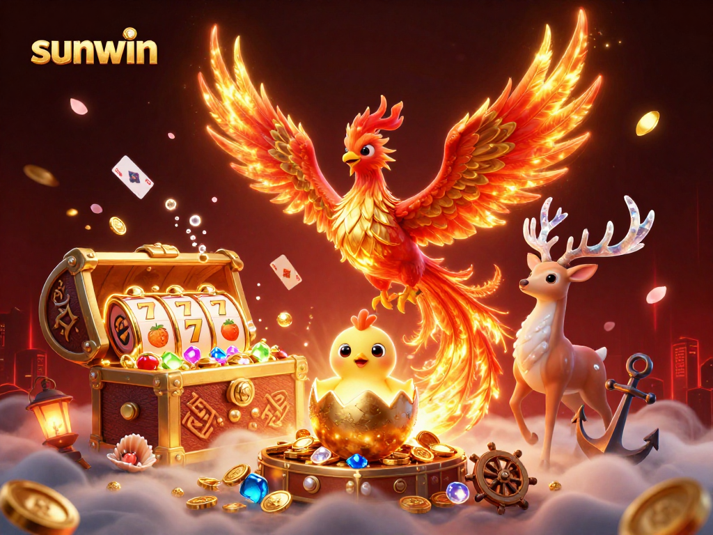 Engage with sunwin's vibrant casino scene featuring a phoenix and animated slot reels.