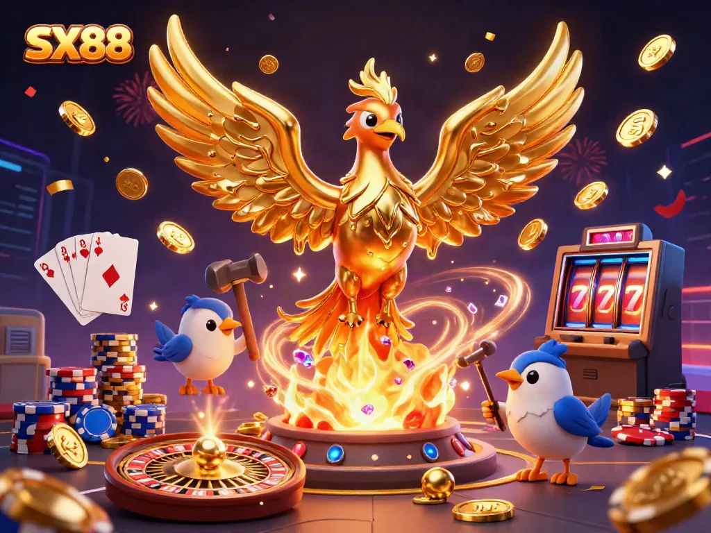 SX88 golden phoenix emerging amidst casino excitement with vibrant gems and gold coins.