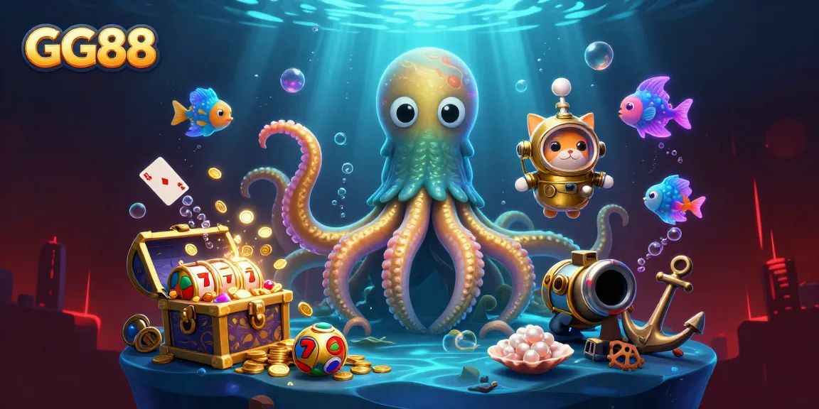 Engage with GG88's vibrant casino-themed 3D illustration featuring colorful slots and a mystical kraken.