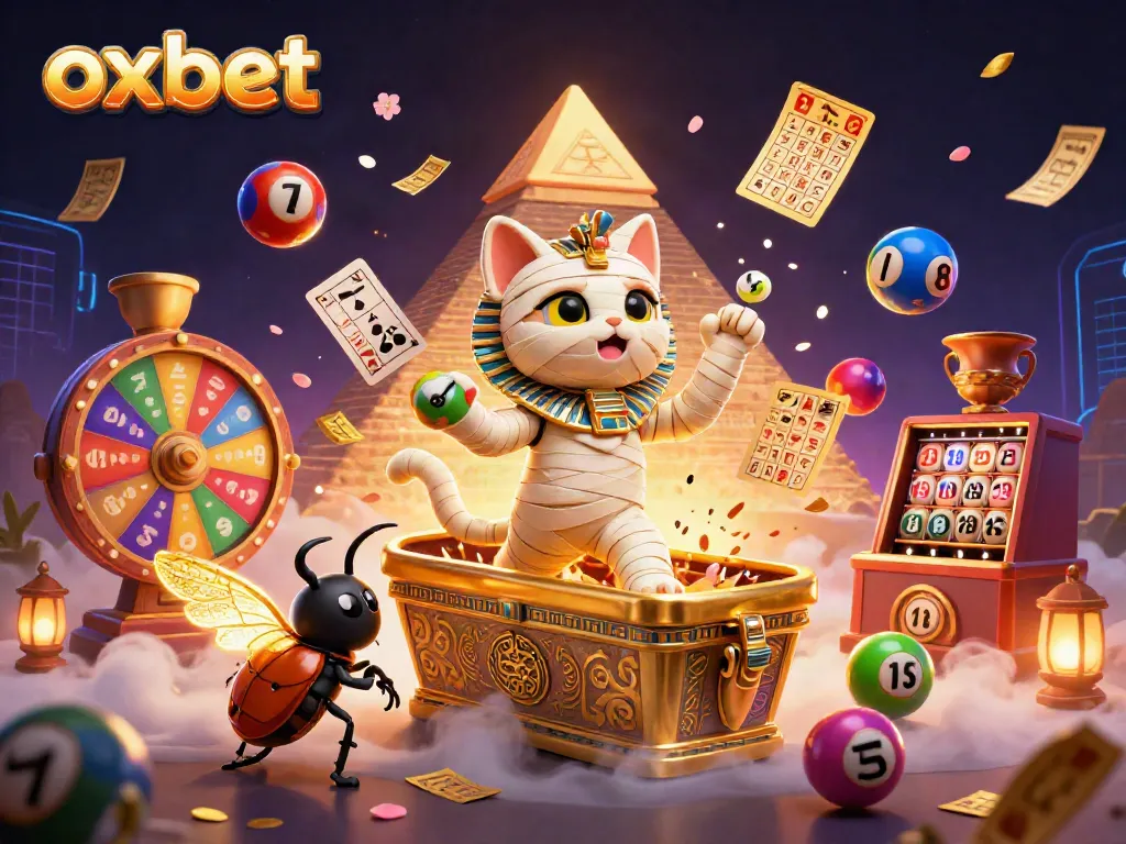 Spin and win at oxbet with a 3D cartoon Egyptian mummy cat and exciting casino elements!