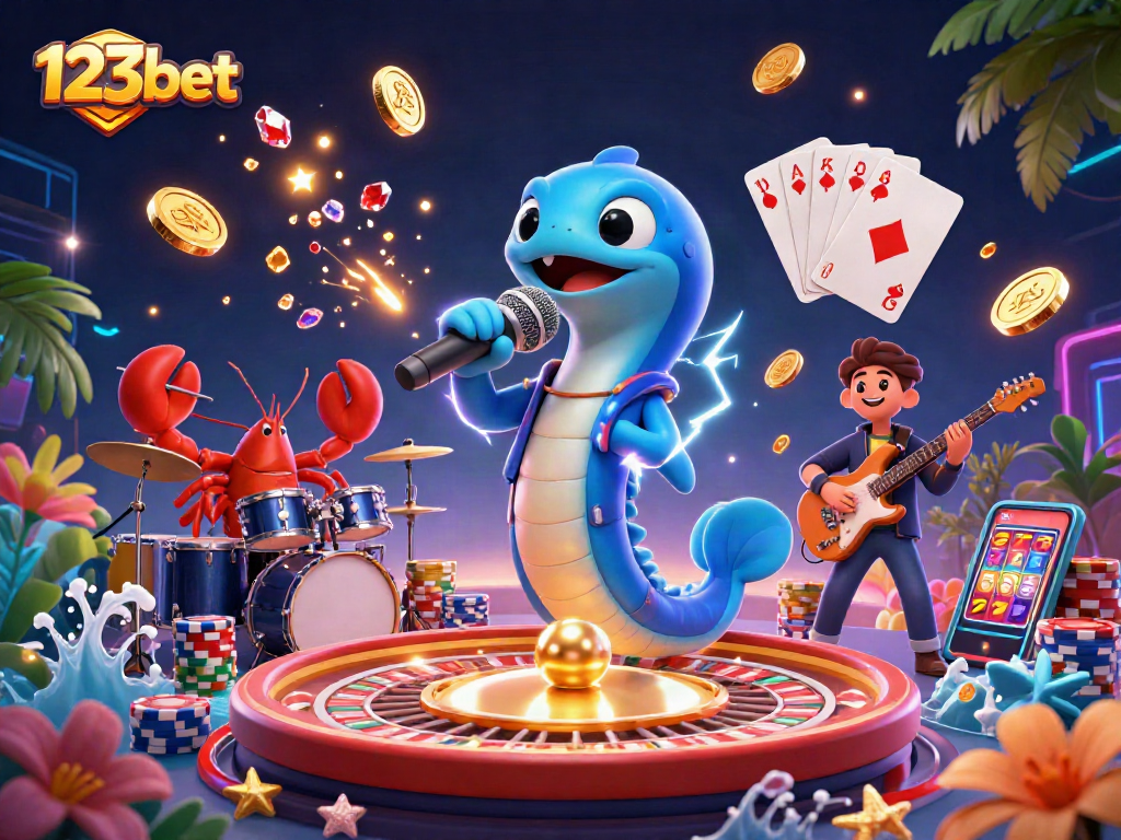 Engage with thrilling 123bet gaming experience featuring vibrant characters in a casino setup.