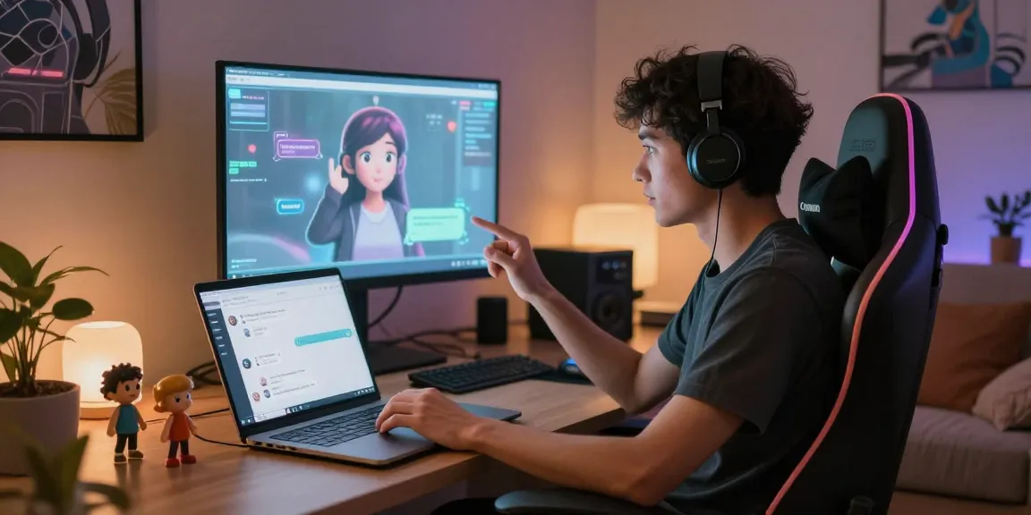 Engaging NSFW AI chat interaction with animated character in a cozy virtual setup.