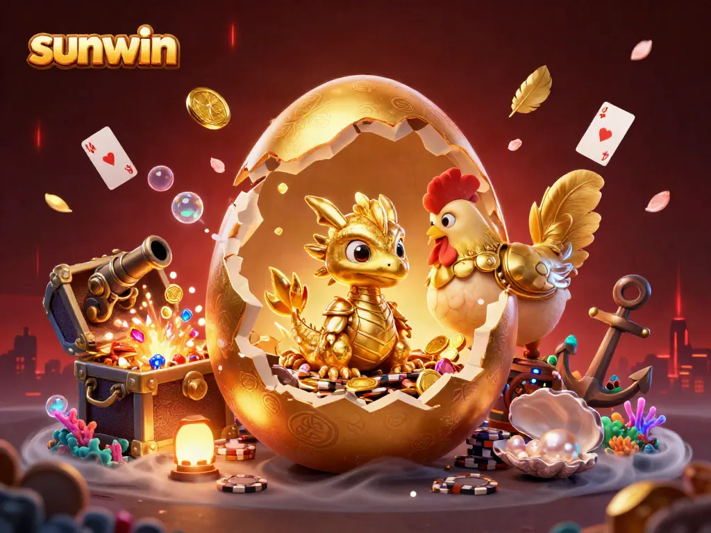 Experience sunwin with vibrant gold dragon, poker chips, and treasure within a dynamic casino scene.